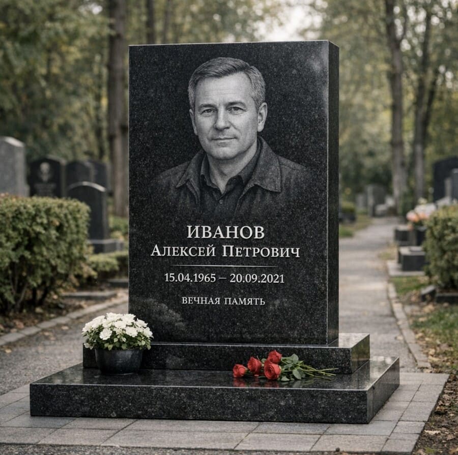 Современный чёрный гранитный памятник с лаконичной гравированной надписью и портретом
